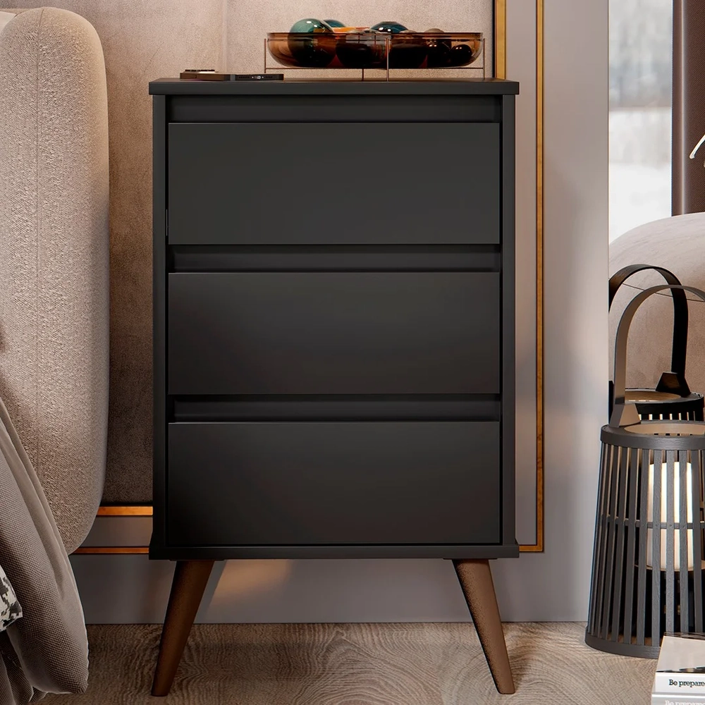 Mesa de Cabeceira Pés Retrô 3 Gavetas 43cm Wood Preto - EJ Móveis