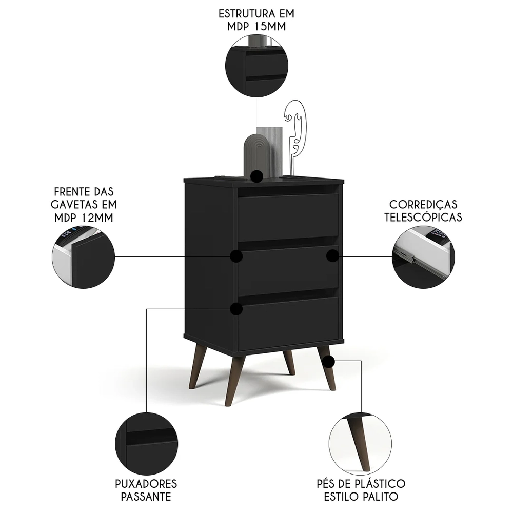 Mesa de Cabeceira Pés Retrô 3 Gavetas 43cm Wood Preto - EJ Móveis