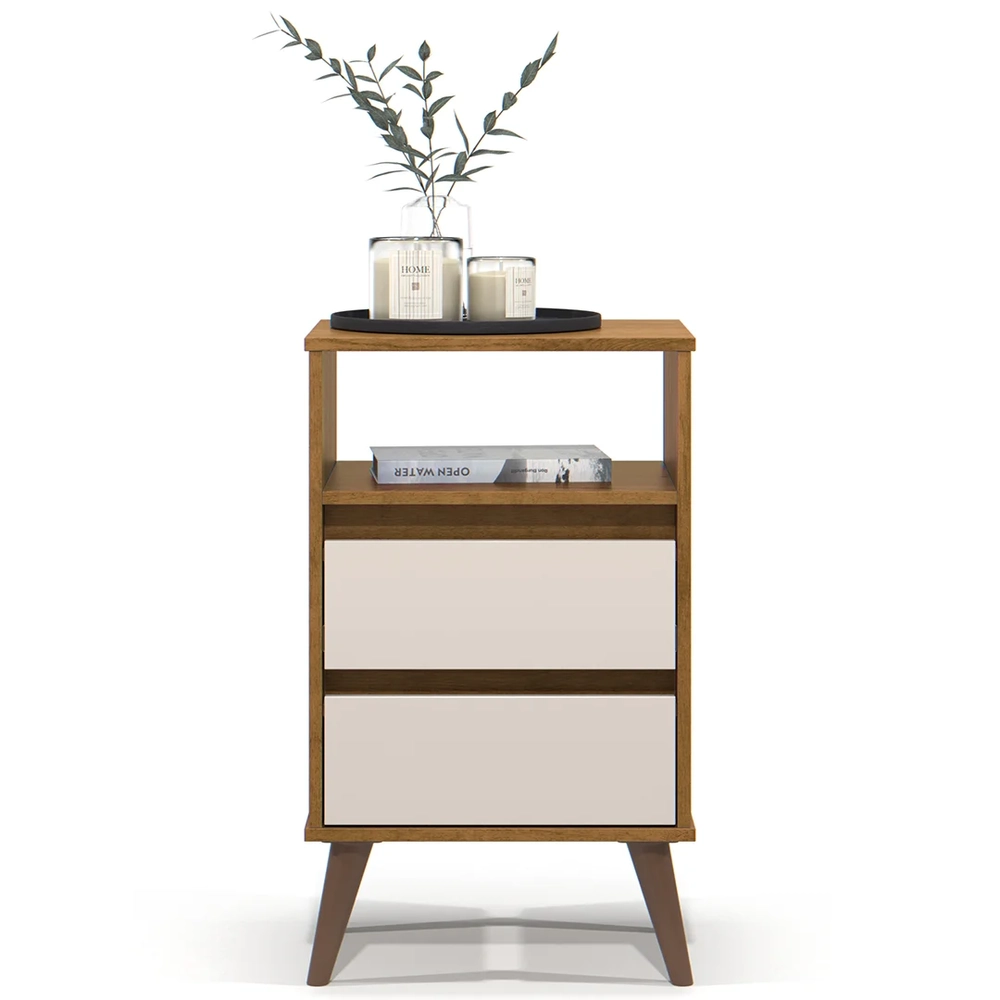 Mesa de Cabeceira Pés Retrô 2 Gavetas 43cm Roma Freijó/Off - EJ Móveis