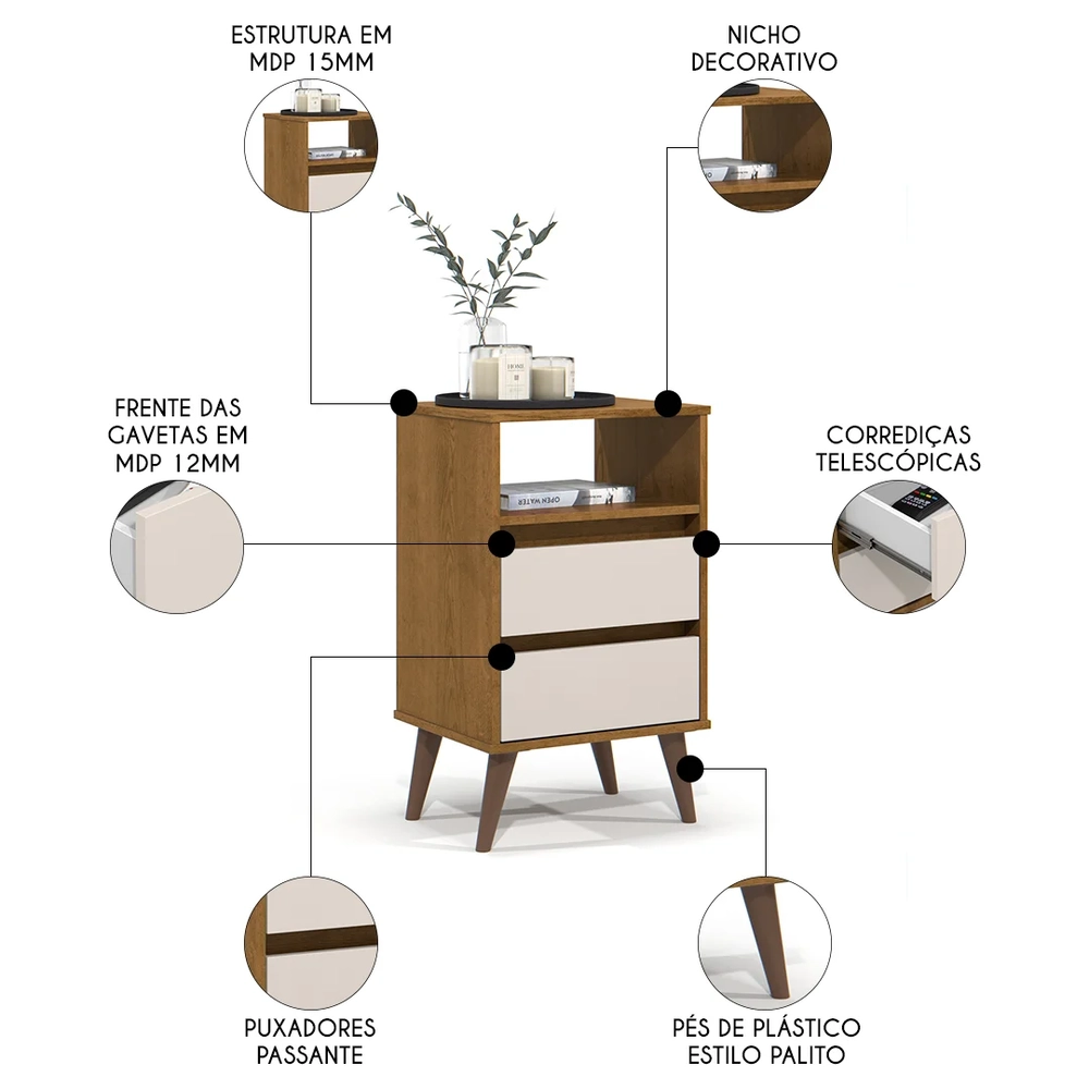 Mesa de Cabeceira Pés Retrô 2 Gavetas 43cm Roma Freijó/Off - EJ Móveis