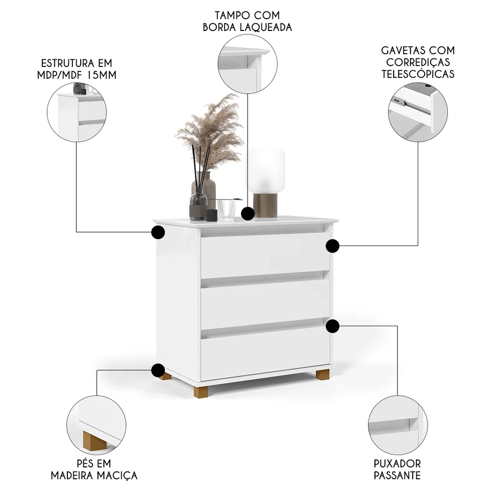Cômoda para Quarto 3 Gavetas 68cm EJ Branco - EJ Móveis