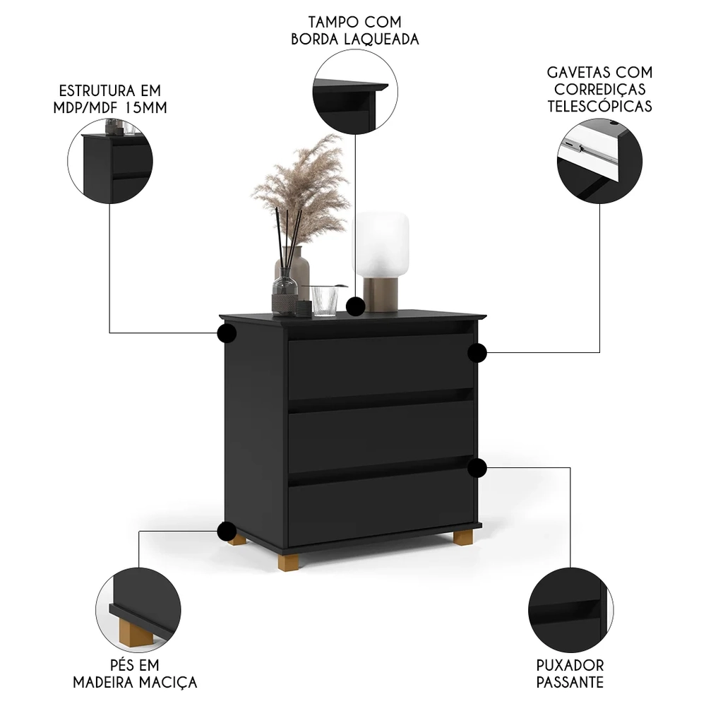 Cômoda para Quarto 3 Gavetas 68cm EJ Preto - EJ Móveis