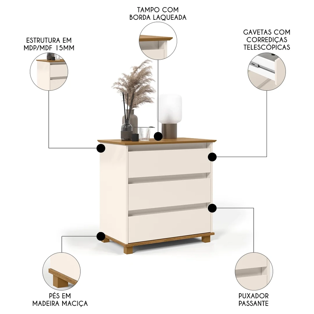 Cômoda para Quarto 3 Gavetas 68cm EJ Off White/Freijó - EJ Móveis