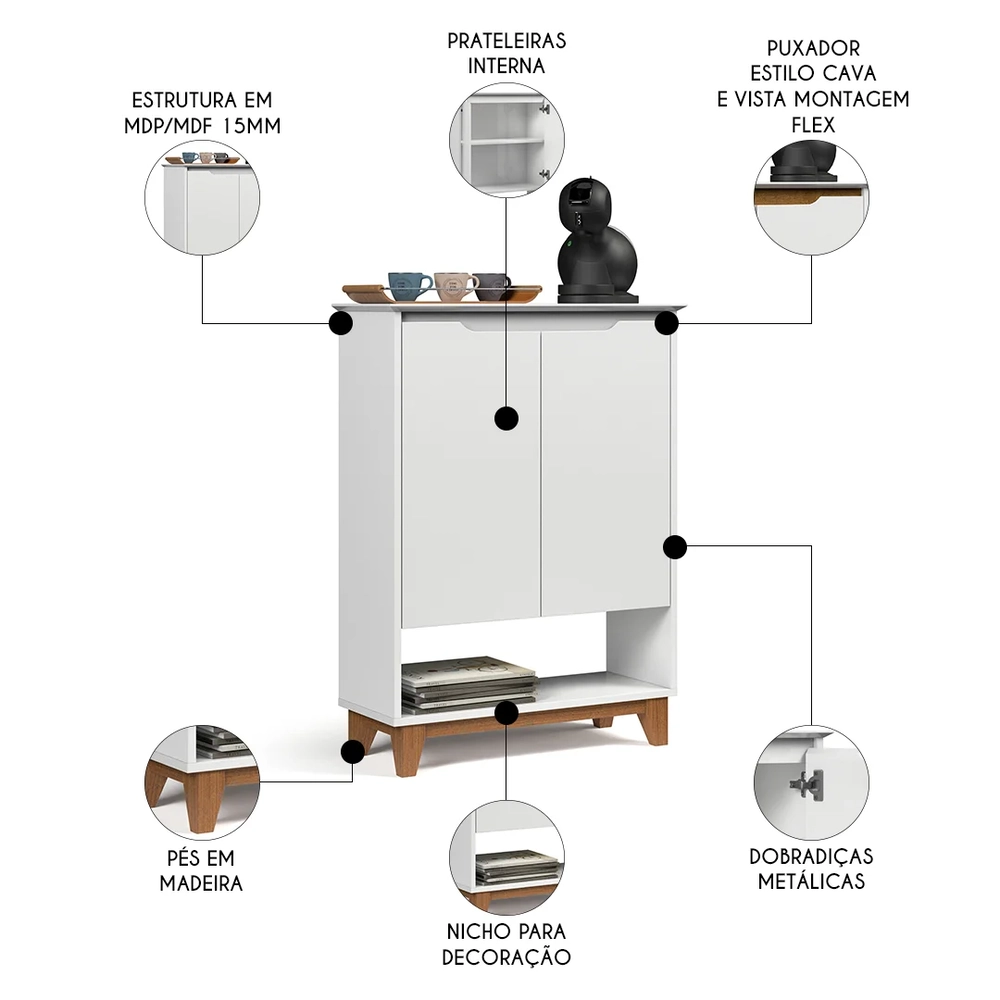 Aparador Cantinho do Café 2 Portas 68cm Hall Flow Branco - EJ Móveis