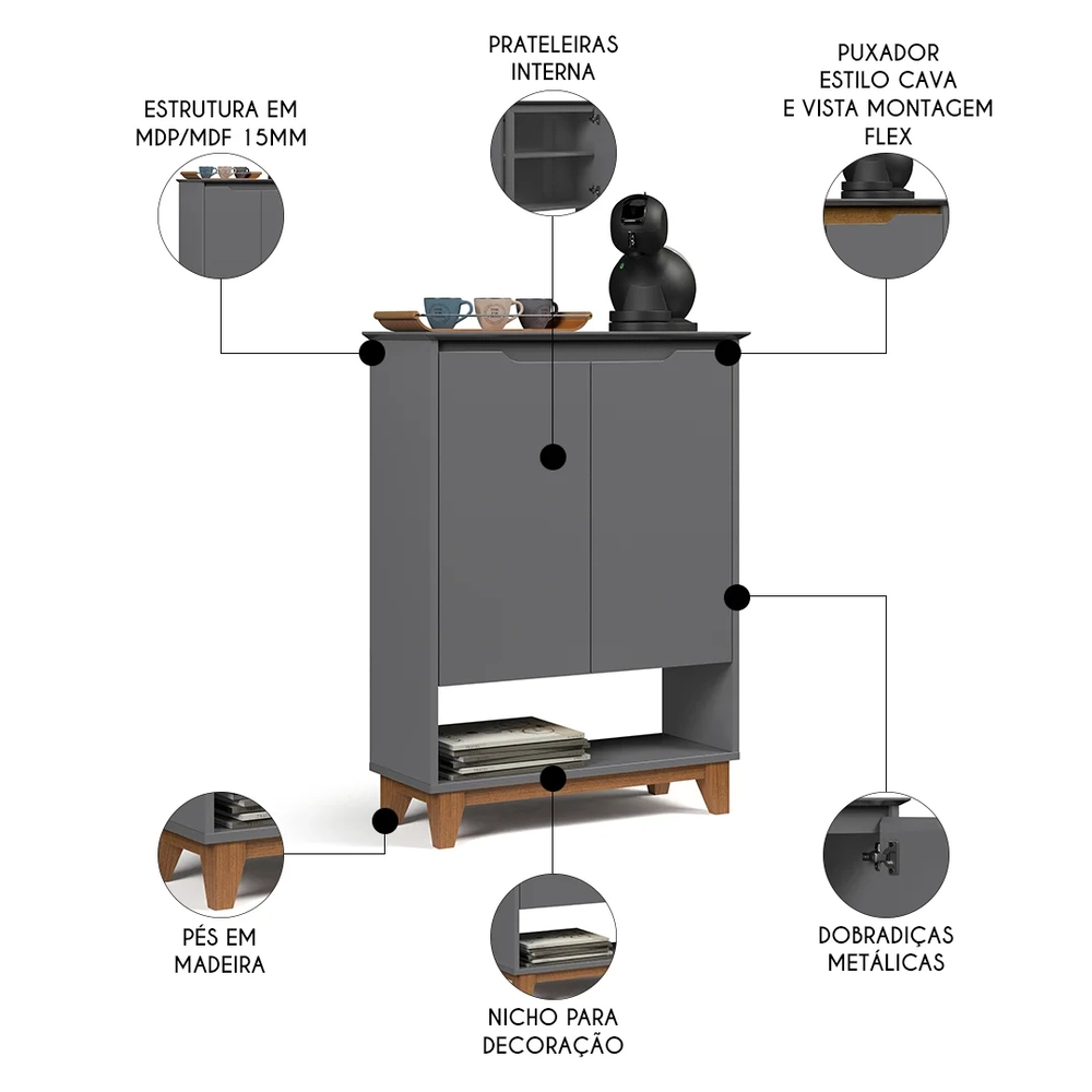Aparador Cantinho do Café 2 Portas 68cm Hall Flow Cinza - EJ Móveis