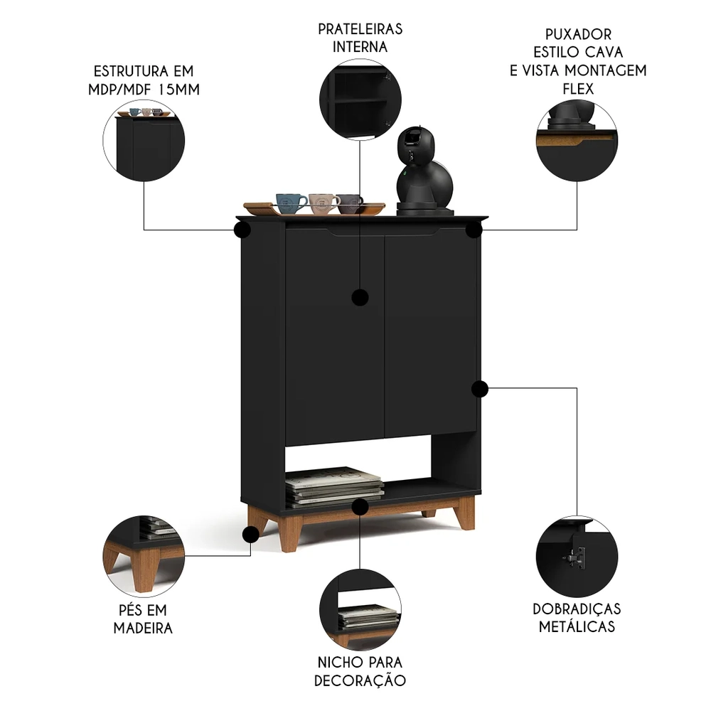 Aparador Cantinho do Café 2 Portas 68cm Hall Flow Preto - EJ Móveis