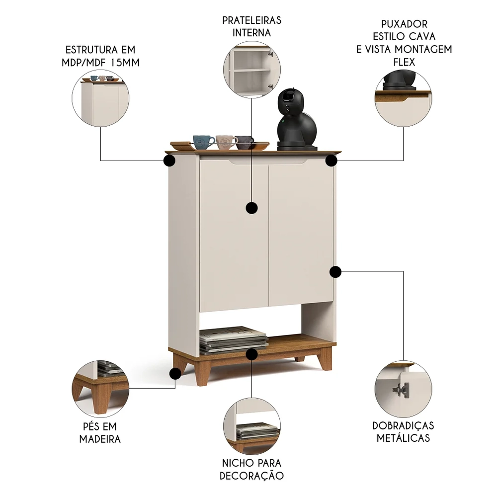 Aparador Cantinho do Café 2 Portas 68cm Hall Flow Off/Freijó - EJ Móveis