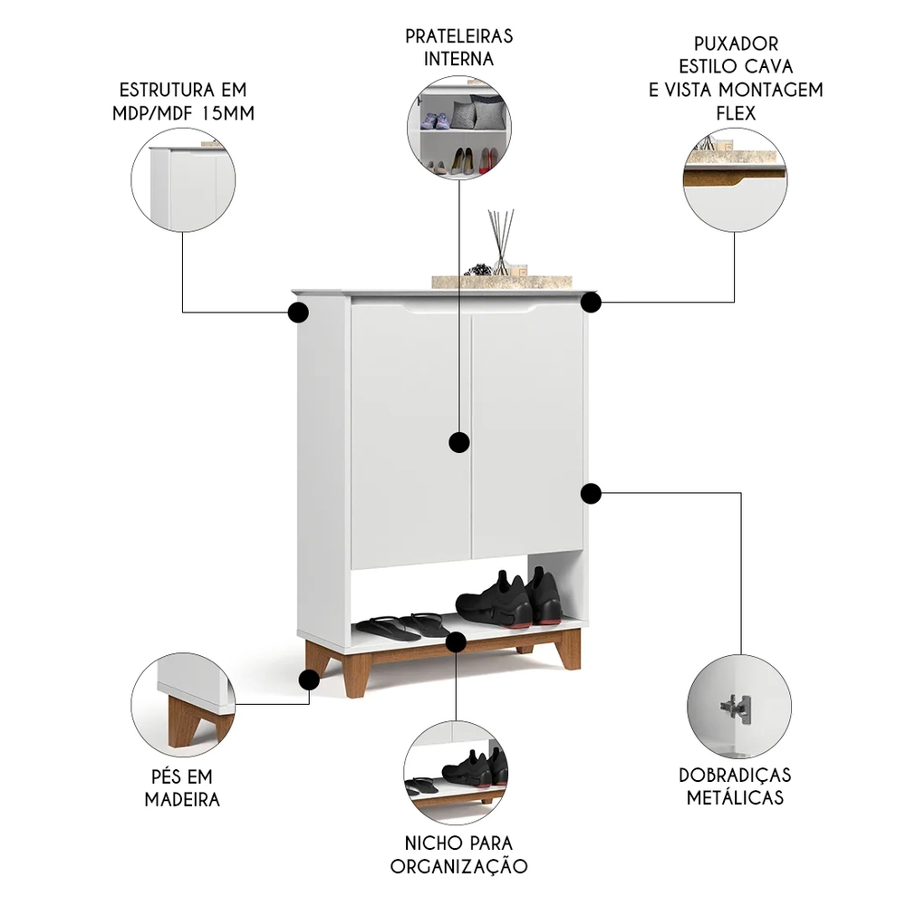 Sapateira para Hall de Entrada Quarto 68cm Flow Branco - EJ Móveis