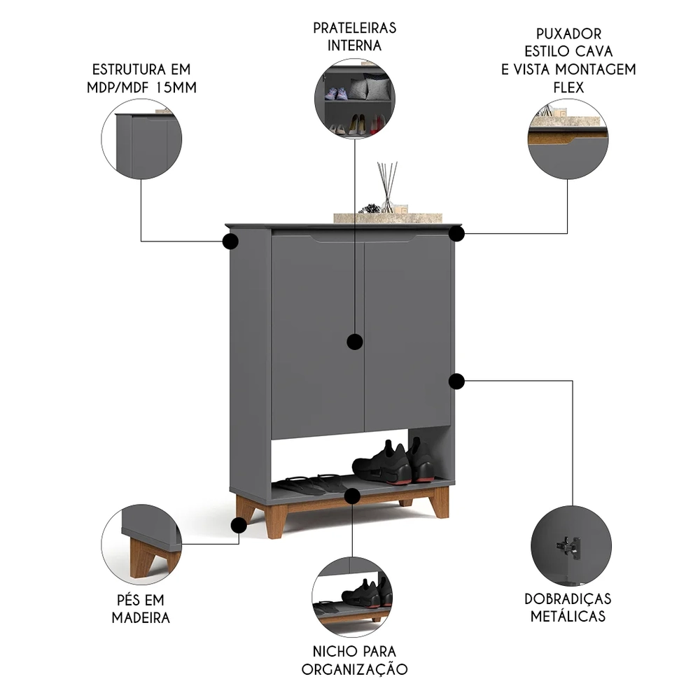 Sapateira para Hall de Entrada Quarto 68cm Flow Cinza - EJ Móveis