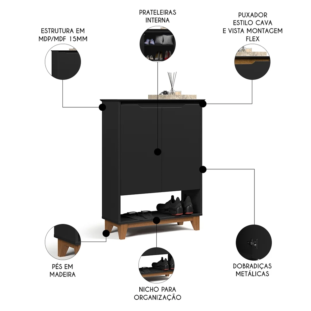 Sapateira para Hall de Entrada Quarto 68cm Flow Preto - EJ Móveis