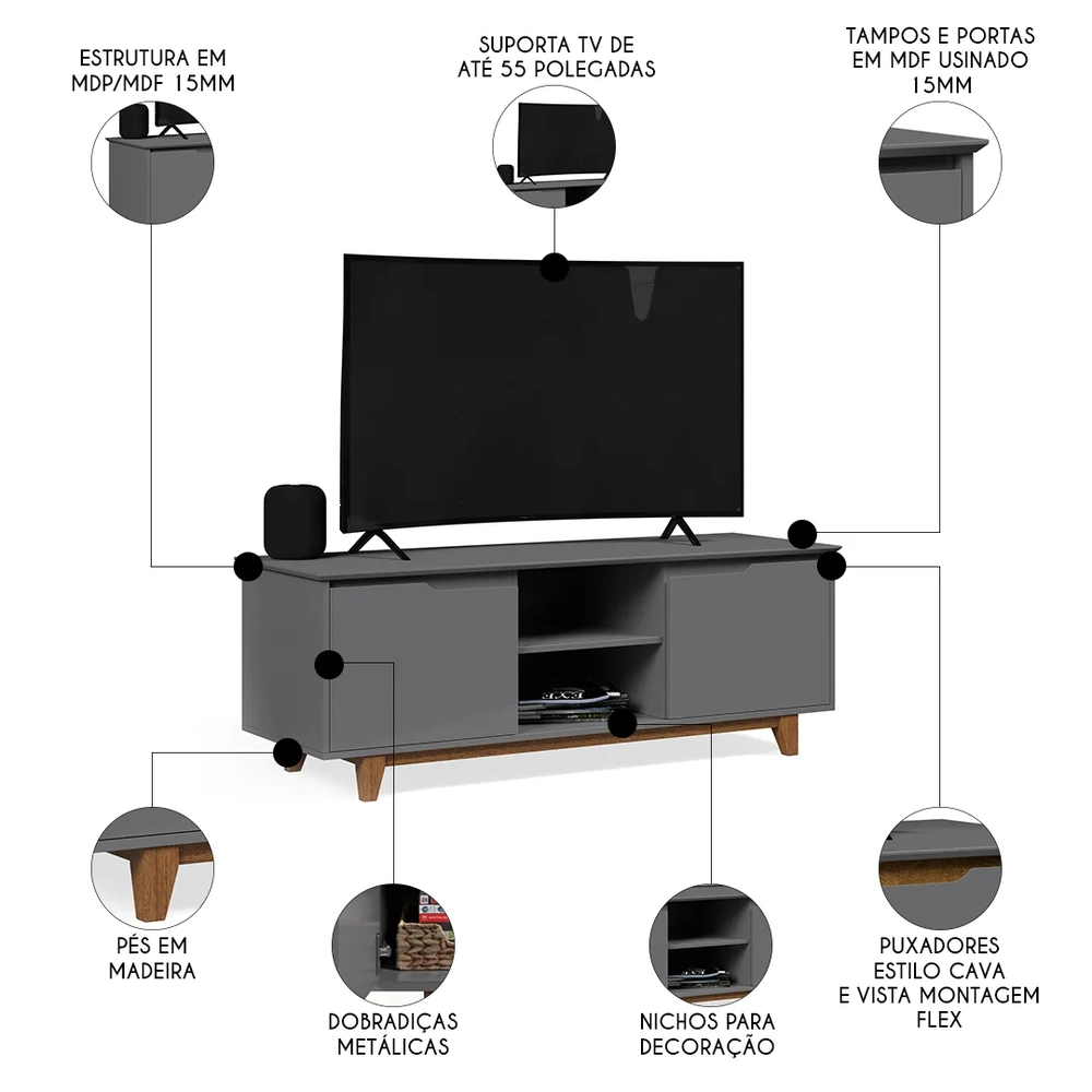 Rack para Sala Bancada de TV 55 Pol 139cm Flow Cinza - EJ Móveis