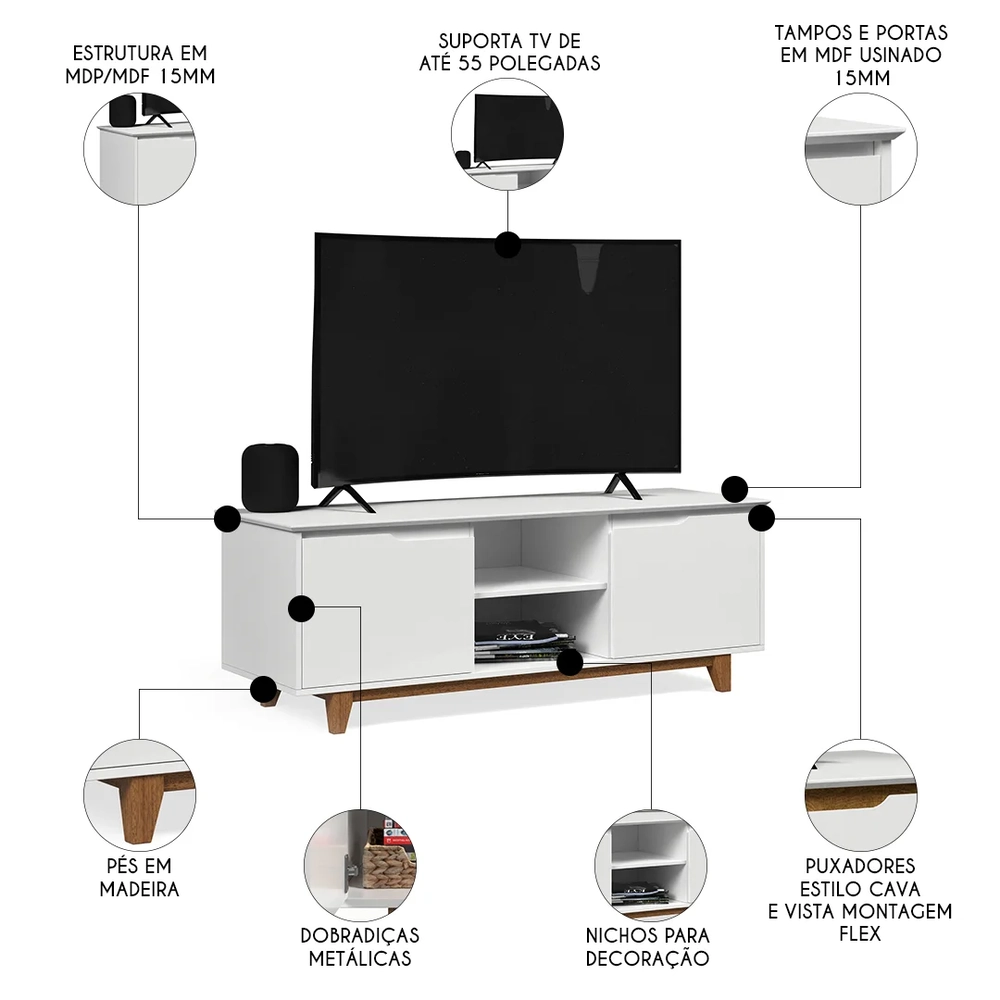 Rack para Sala Bancada de TV 55 Pol 139cm Flow Branco - EJ Móveis