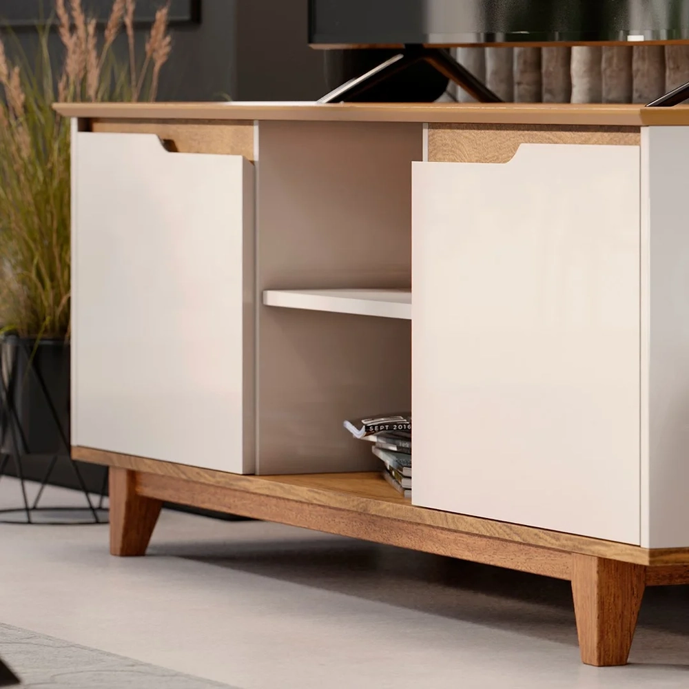 Rack para Sala Bancada de TV 55 Pol 139cm Flow Off White/Freijó - EJ Móveis