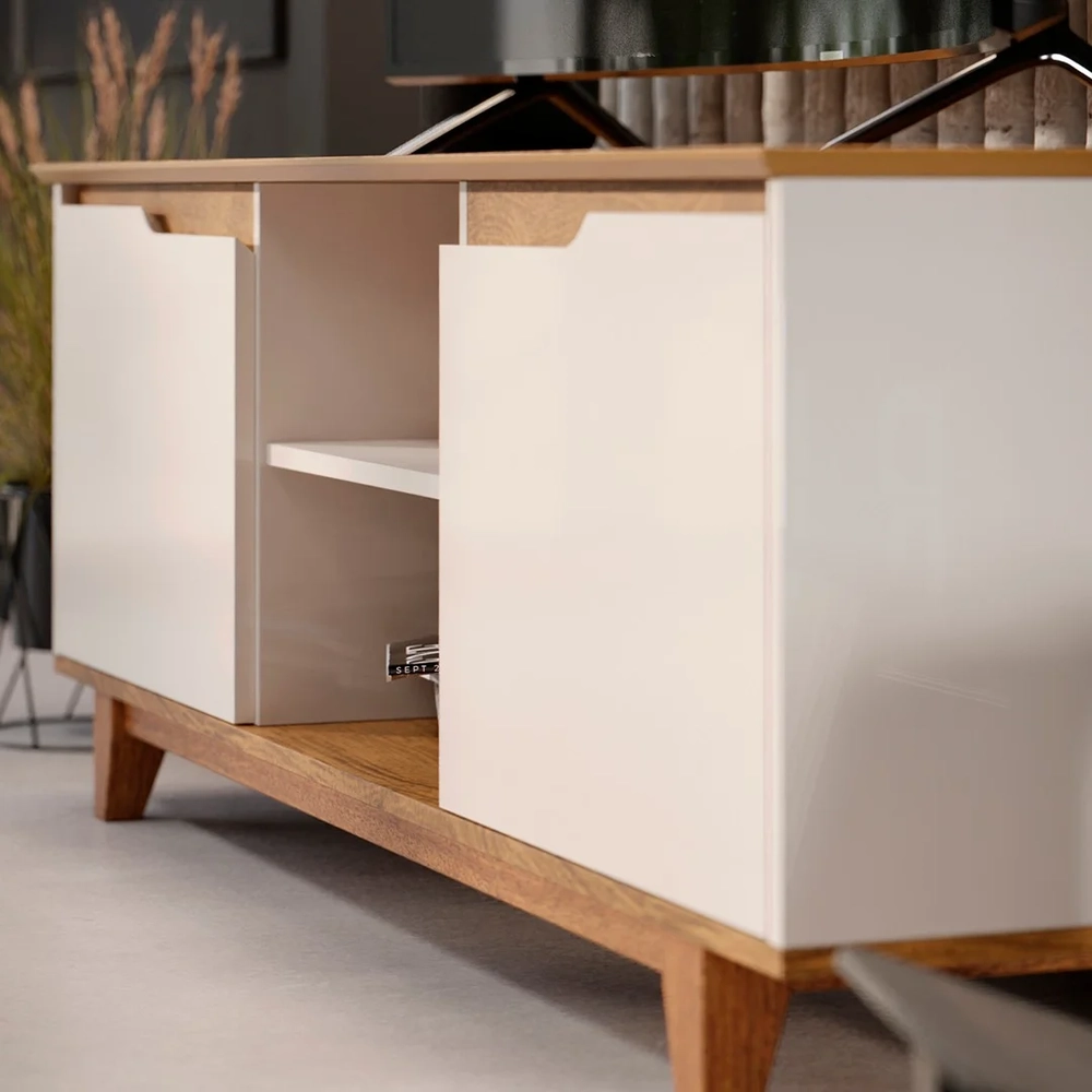 Rack para Sala Bancada de TV 55 Pol 139cm Flow Off White/Freijó - EJ Móveis