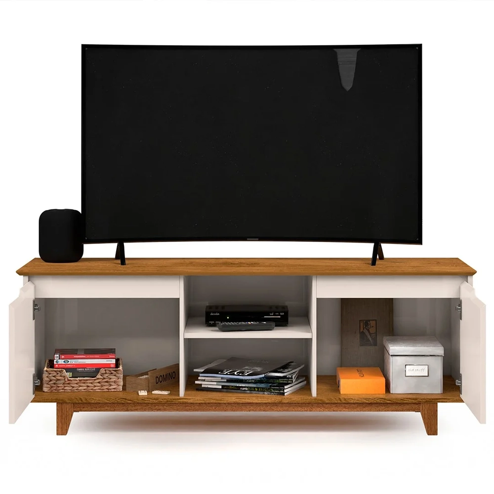 Rack para Sala Bancada de TV 55 Pol 139cm Flow Off White/Freijó - EJ Móveis