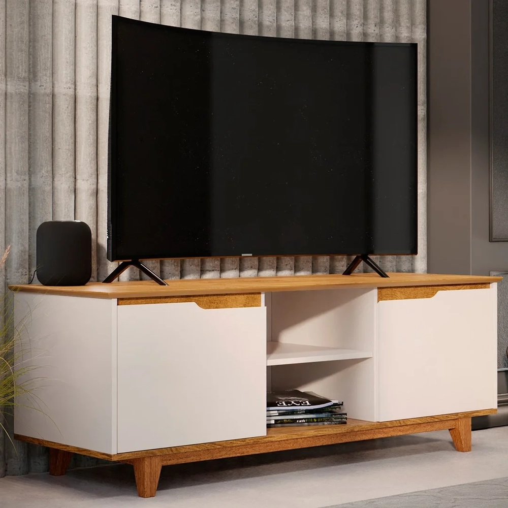 Rack para Sala Bancada de TV 55 Pol 139cm Flow Off White/Freijó - EJ Móveis