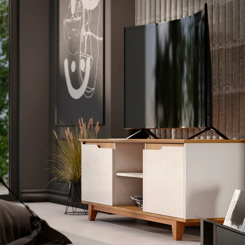 Rack para Sala Bancada de TV 55 Pol 139cm Flow Off White/Freijó - EJ Móveis