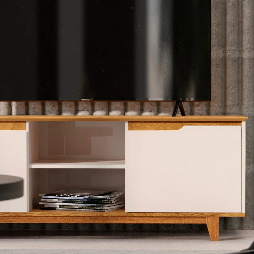 Rack para Sala Bancada de TV 55 Pol 139cm Flow Off White/Freijó - EJ Móveis