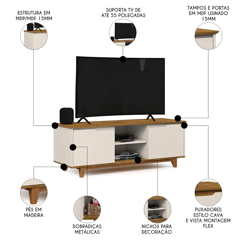 Rack para Sala Bancada de TV 55 Pol 139cm Flow Off White/Freijó - EJ Móveis