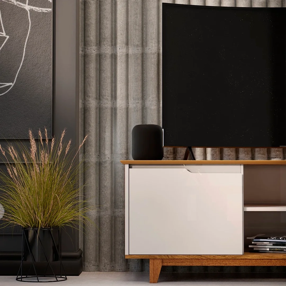 Rack para Sala Bancada de TV 55 Pol 139cm Flow Off White/Freijó - EJ Móveis