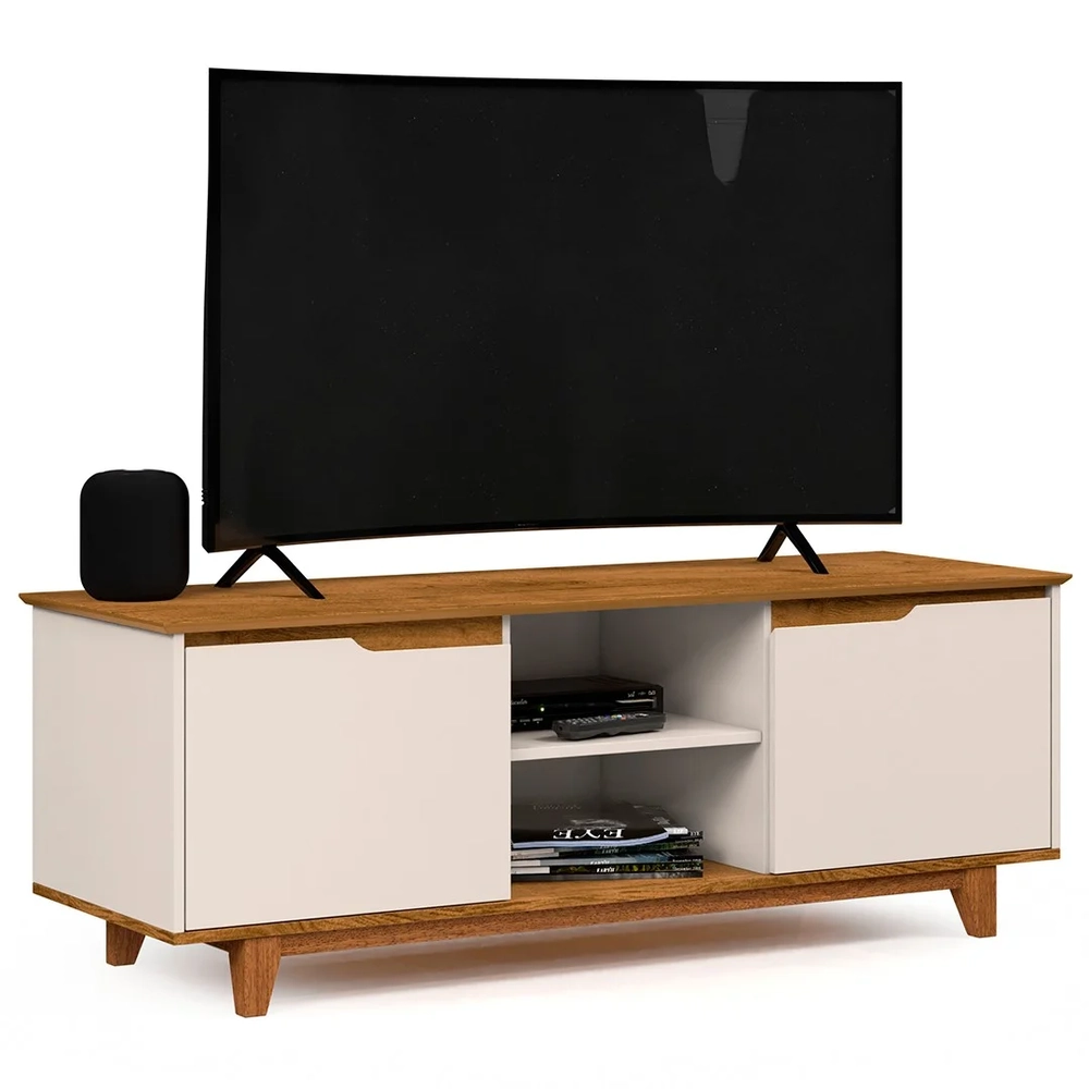 Rack para Sala Bancada de TV 55 Pol 139cm Flow Off White/Freijó - EJ Móveis