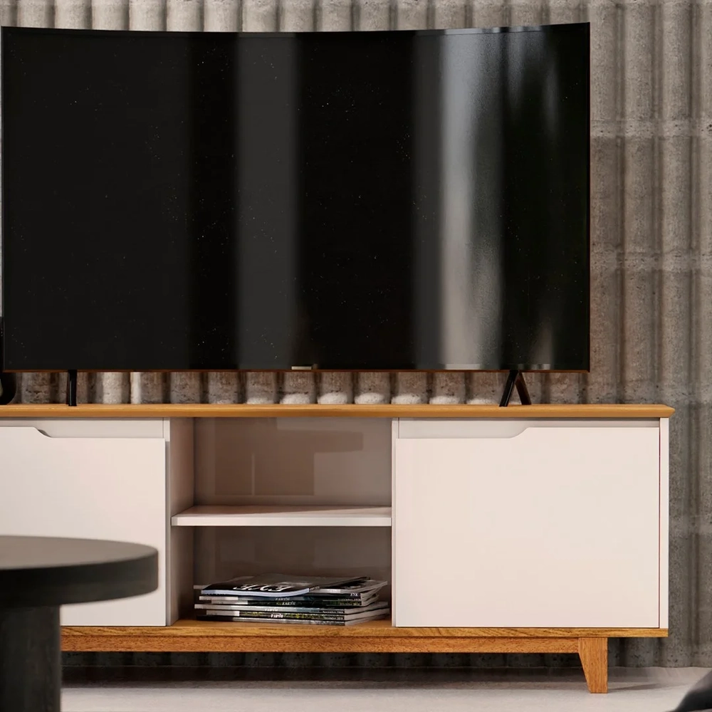 Rack para Sala Bancada de TV 55 Pol 139cm Flow Off White/Freijó - EJ Móveis