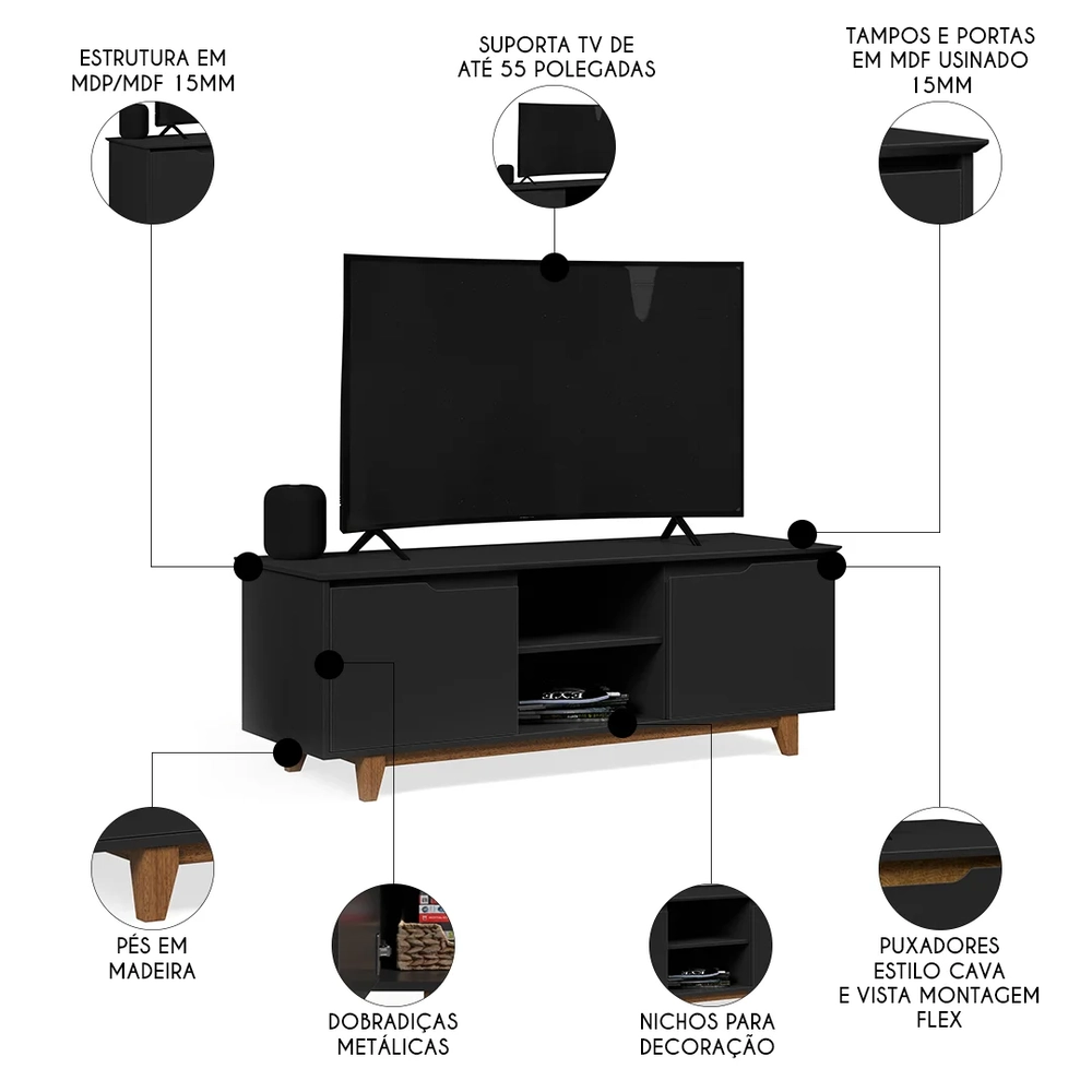 Rack para Sala Bancada de TV 55 Pol 139cm Flow Preto - EJ Móveis