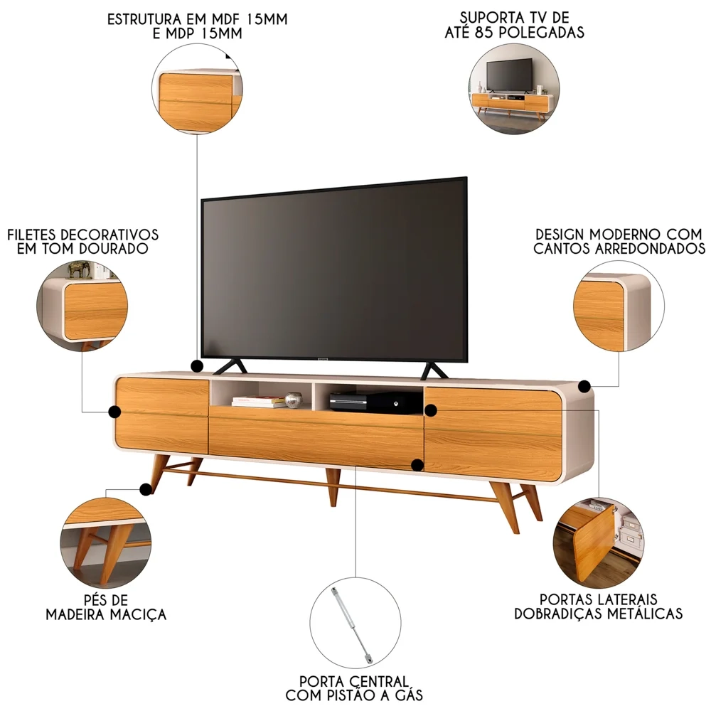 Rack para Sala Bancada de TV 85 Pol 220cm Época Off/Cinamomo - HB Móveis