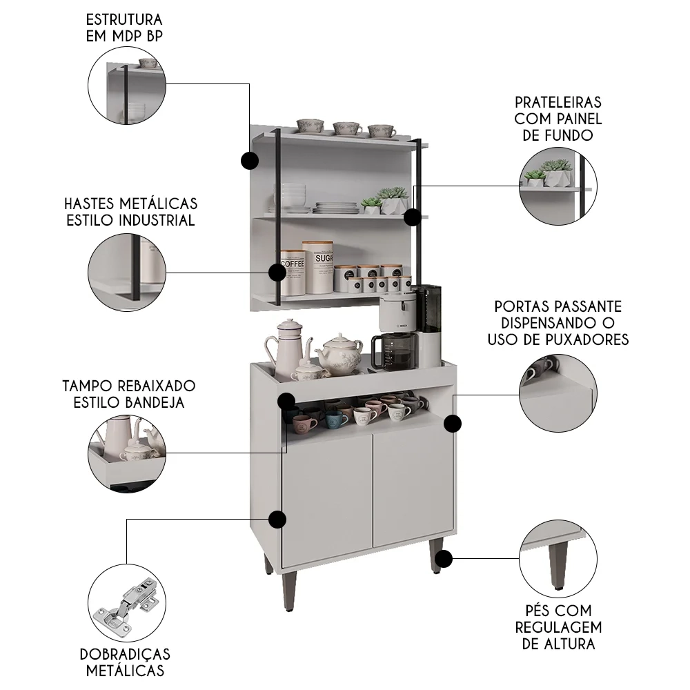 Aparador Cantinho do Café e Painel 3 Prateleiras Flora Z34 Branco - Mpozenato