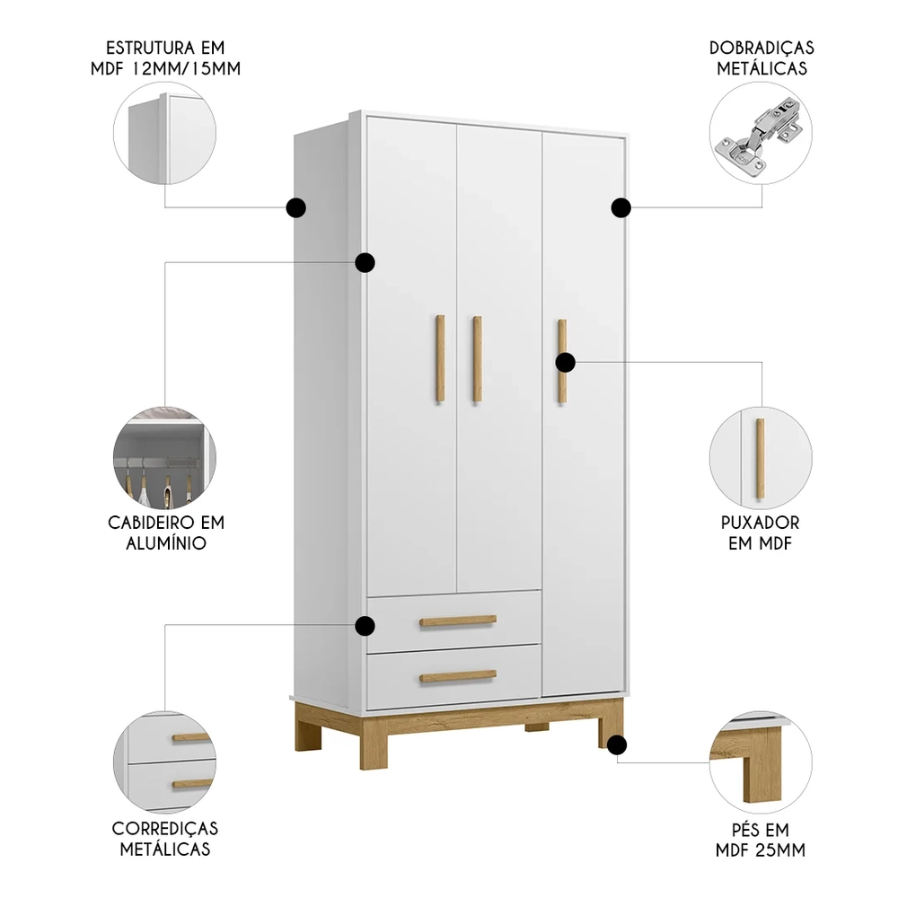 Guarda Roupa Infantil 3 Portas Slim Q Encanto Branco - Qmovi