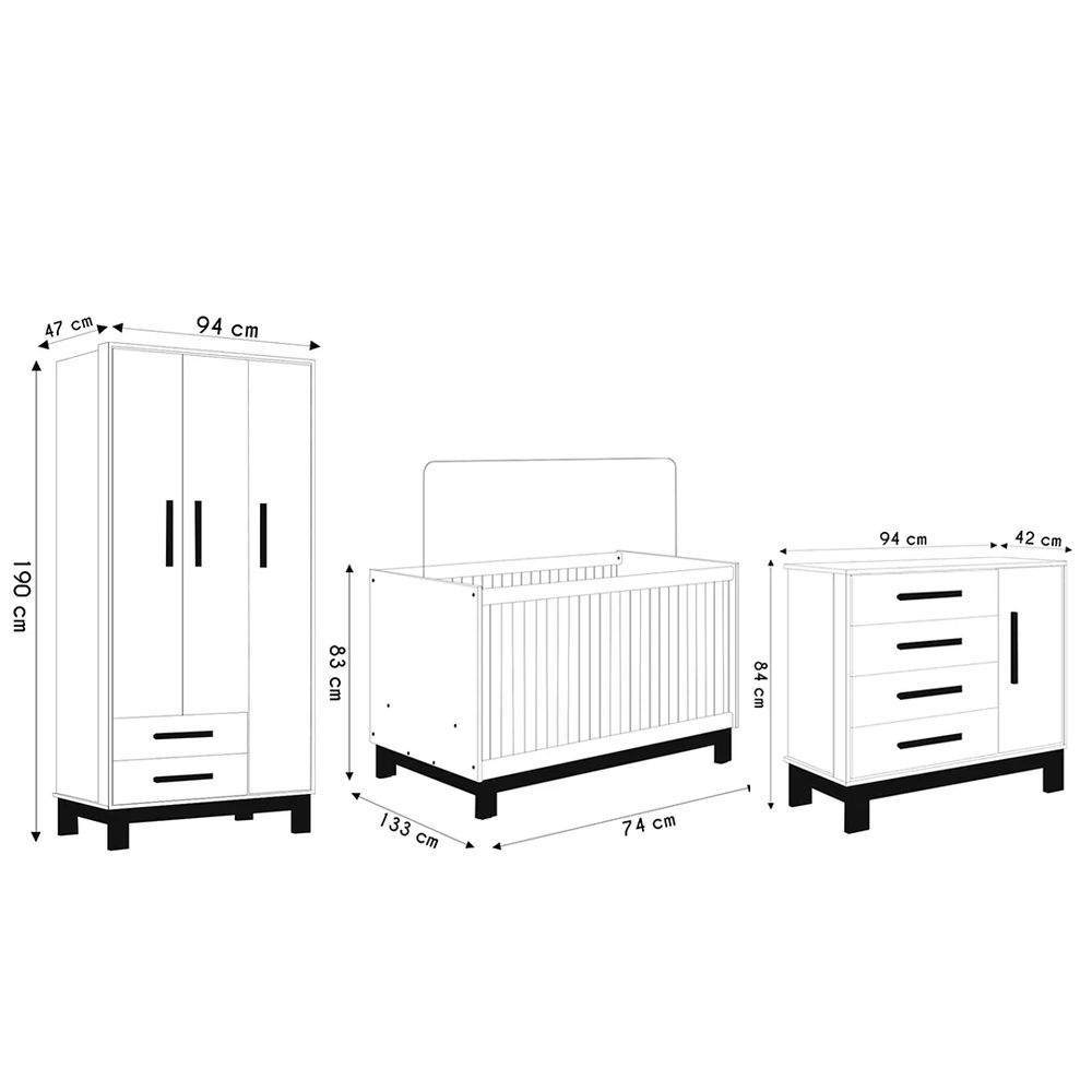 Quarto Infantil 3 Peças com Berço Q Encanto Slim Branco - Qmovi