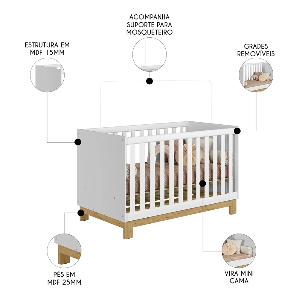 Quarto Infantil 3 Peças com Berço Q Encanto Slim Branco - Qmovi