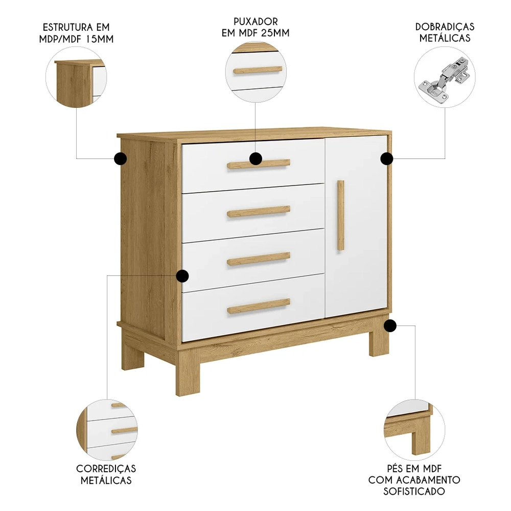 Quarto Infantil 3 Peças com Berço Q Encanto Slim Freijó/Branco - Qmovi