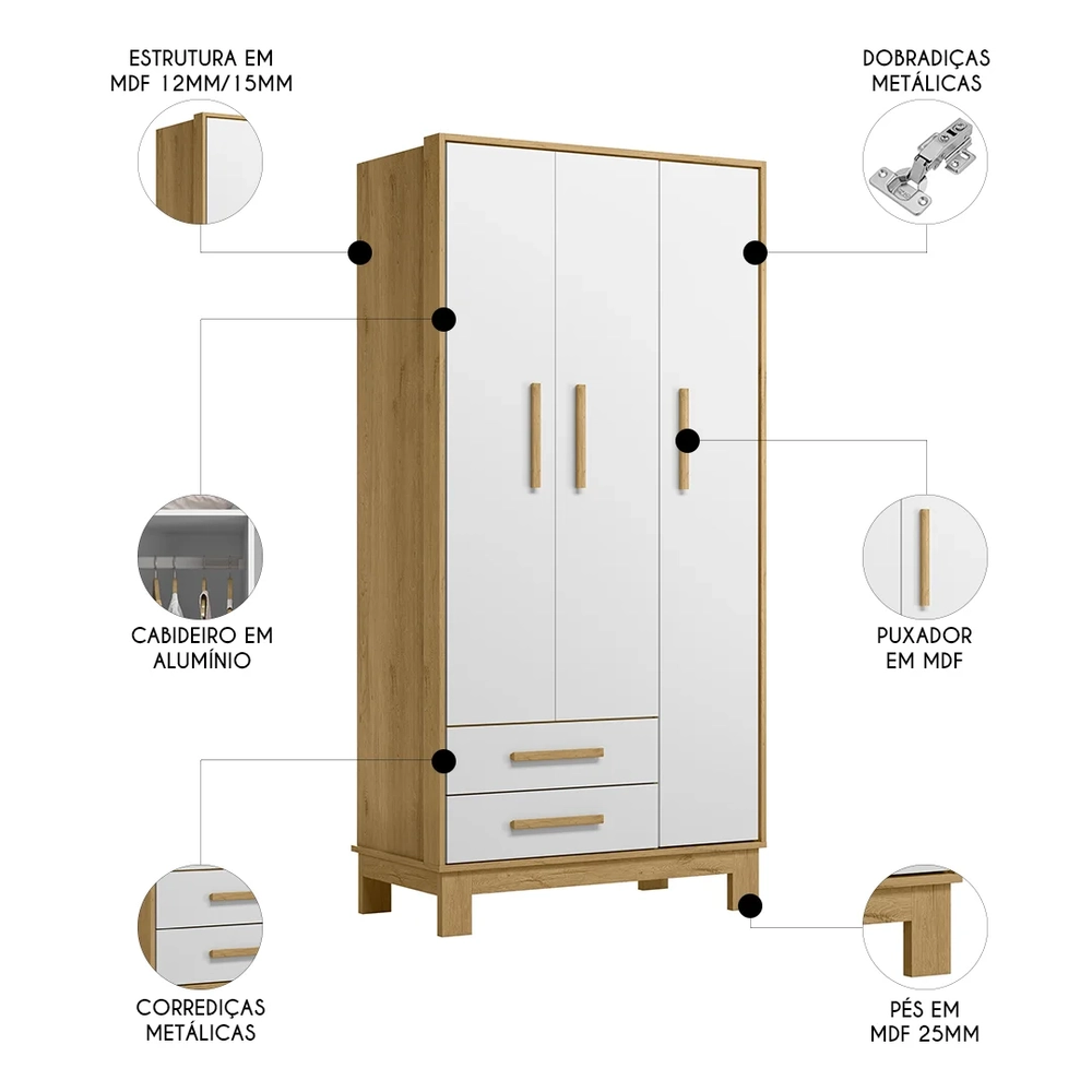 Quarto Infantil 3 Peças com Berço Q Encanto Slim Freijó/Branco - Qmovi