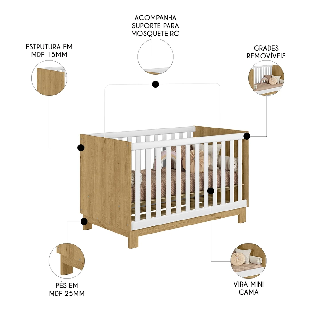 Quarto Infantil 3 Peças com Berço Q Encanto Slim Freijó/Branco - Qmovi