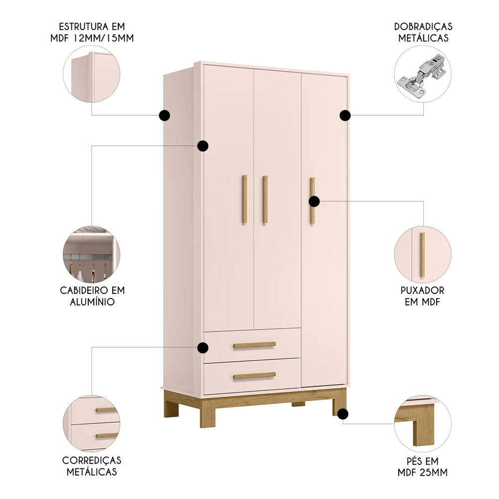 Quarto Infantil 3 Peças com Berço Q Encanto Slim Rosa - Qmovi