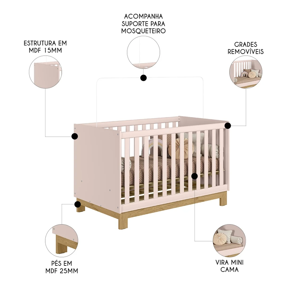 Quarto Infantil 3 Peças com Berço Q Encanto Slim Rosa - Qmovi