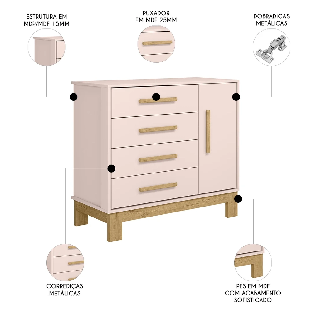 Quarto Infantil 3 Peças com Berço Q Encanto Slim Rosa - Qmovi