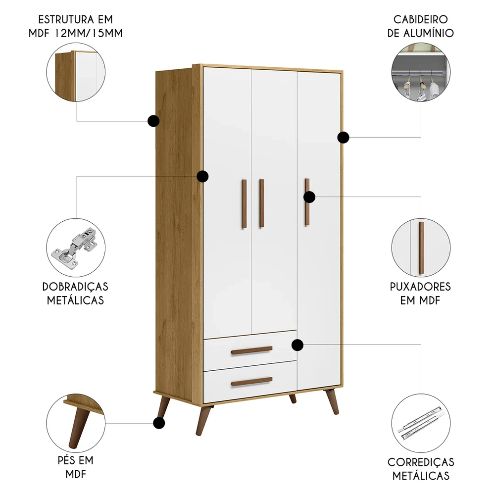 Guarda Roupa Infantil 3 Portas Retrô Q Encanto Freijó/Branco - Qmovi