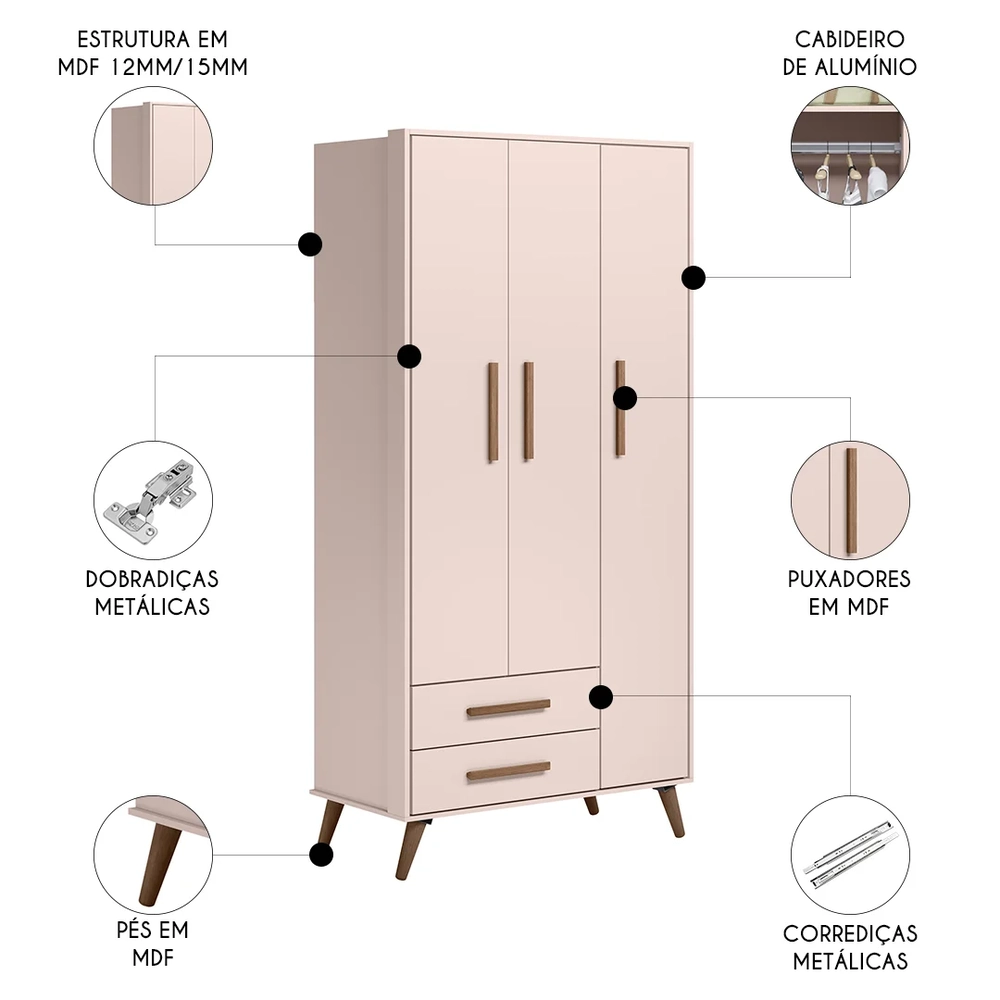 Guarda Roupa Infantil 3 Portas Retrô Q Encanto Rosa - Qmovi