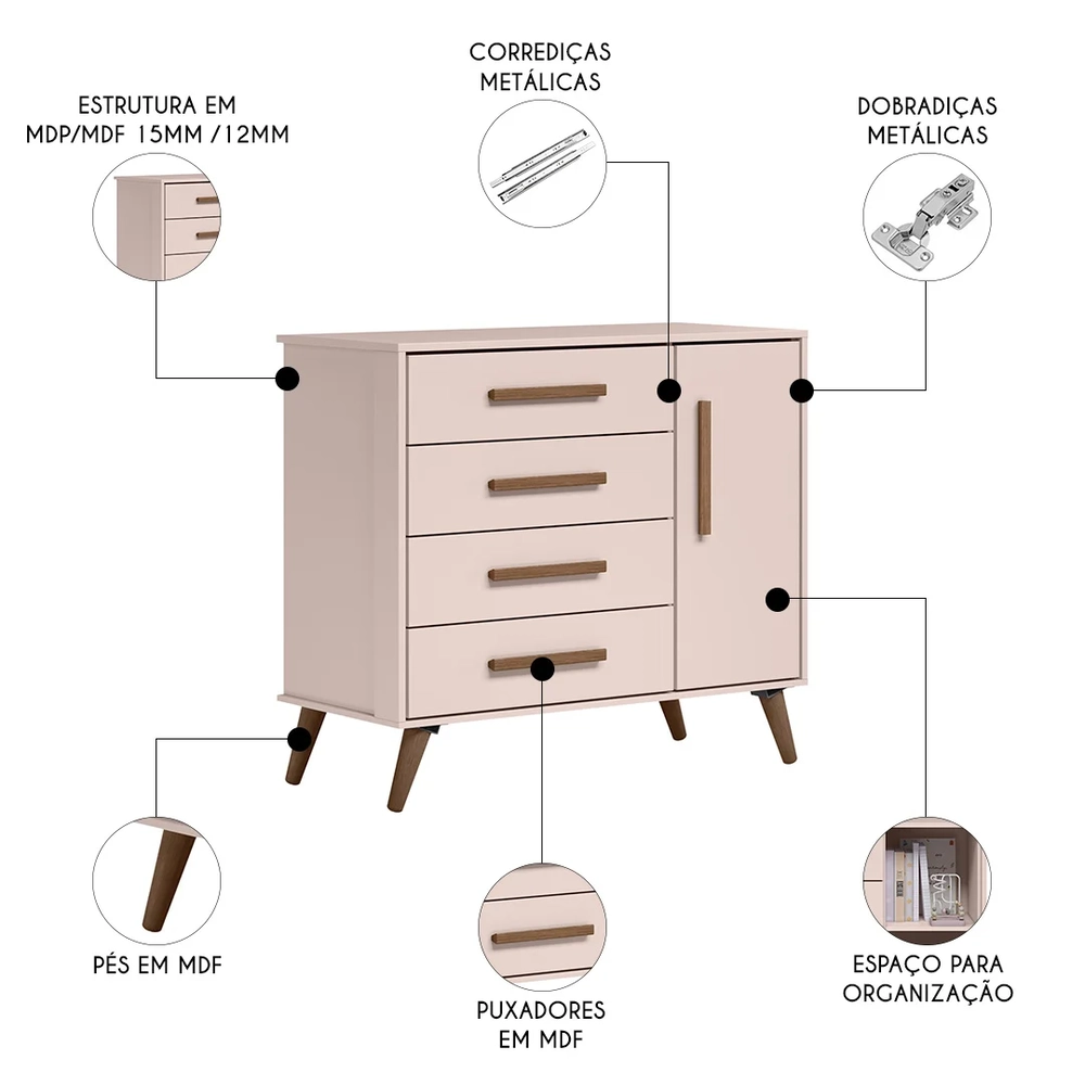 Quarto Infantil 3 Peças com Berço Q Encanto Retrô Rosa - Qmovi