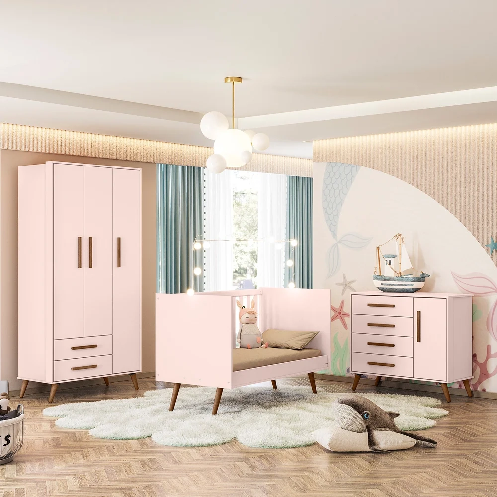 Quarto Infantil 3 Peças com Berço Q Encanto Retrô Rosa - Qmovi