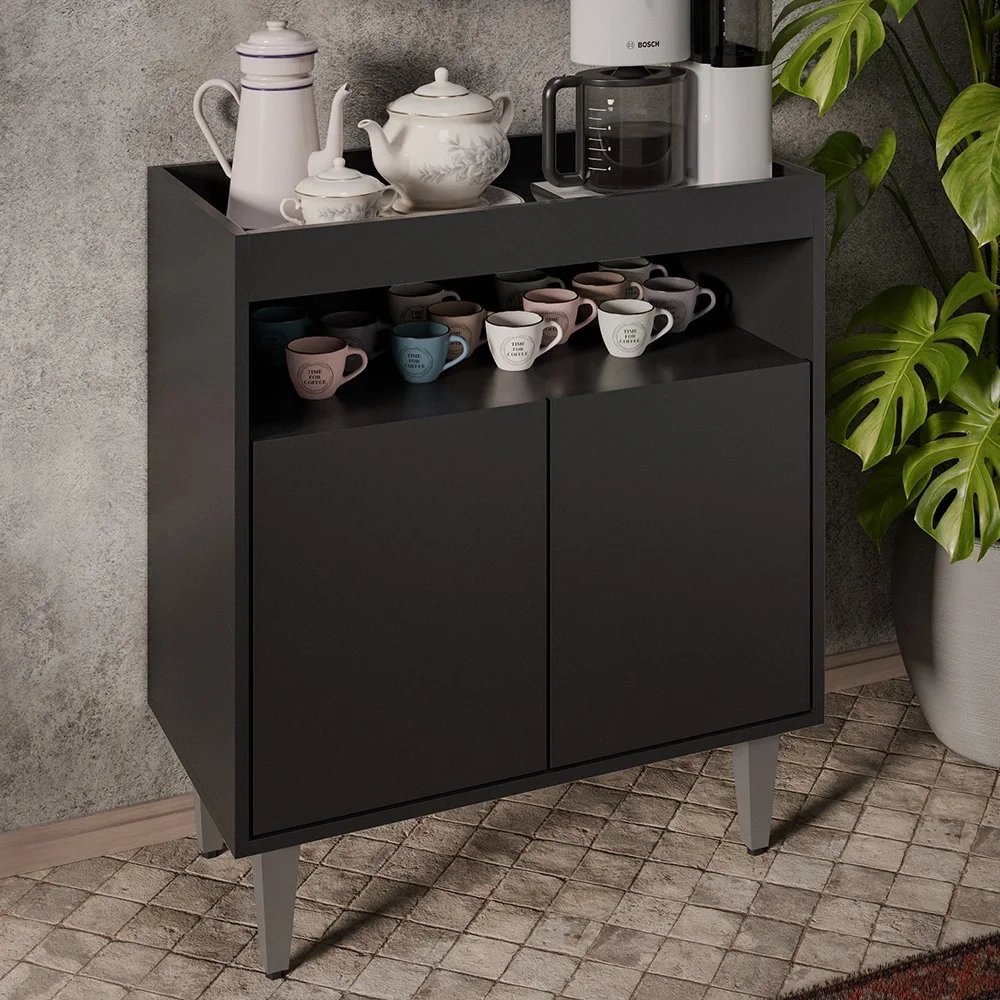 Aparador Cantinho do Café e Painel 3 Prateleiras Flora Z34 Preto - Mpozenato