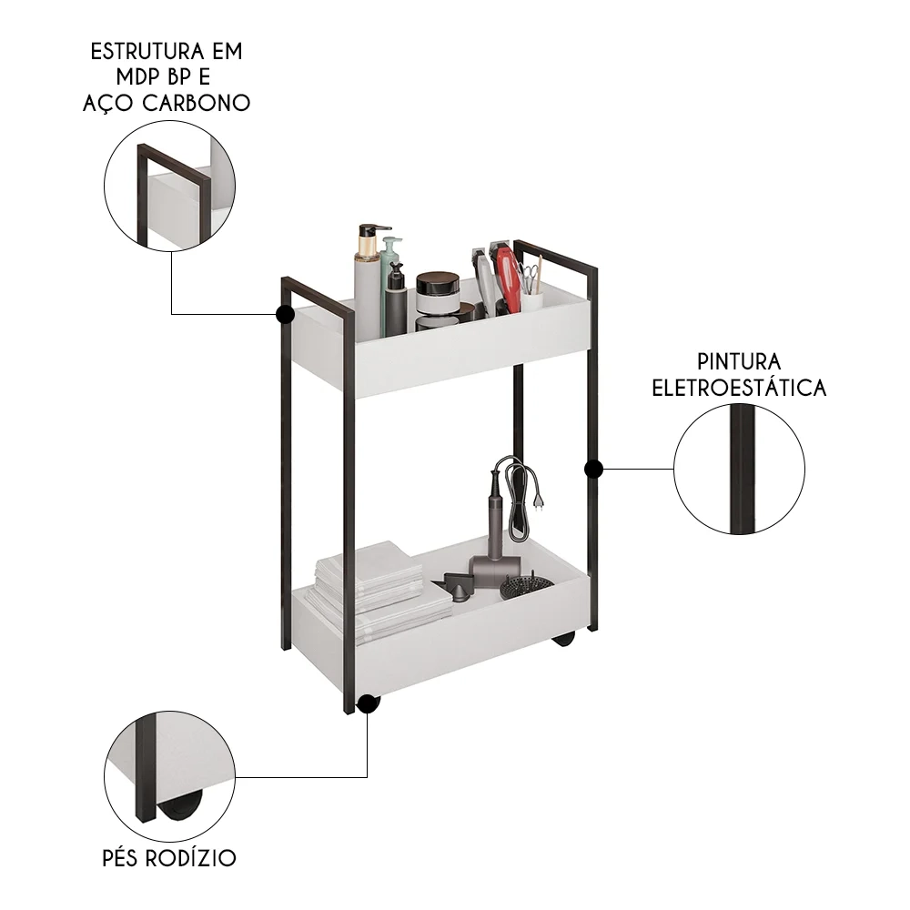 Carrinho Auxiliar para Salão de Beleza Industrial Sara Z34 Branco/Preto - Mpozenato