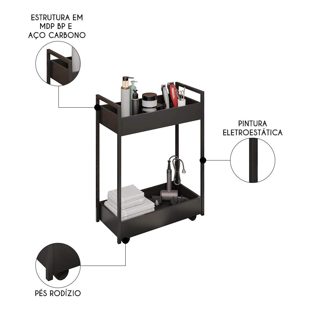 Carrinho Auxiliar para Salão de Beleza Industrial Sara Z34 Preto/Preto - Mpozenato