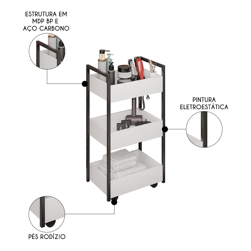Carrinho Auxiliar para Salão de Beleza Industrial Liss Z34 Branco/Preto - Mpozenato