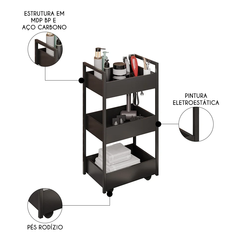 Carrinho Auxiliar para Salão de Beleza Industrial Liss Z34 Preto/Preto - Mpozenato