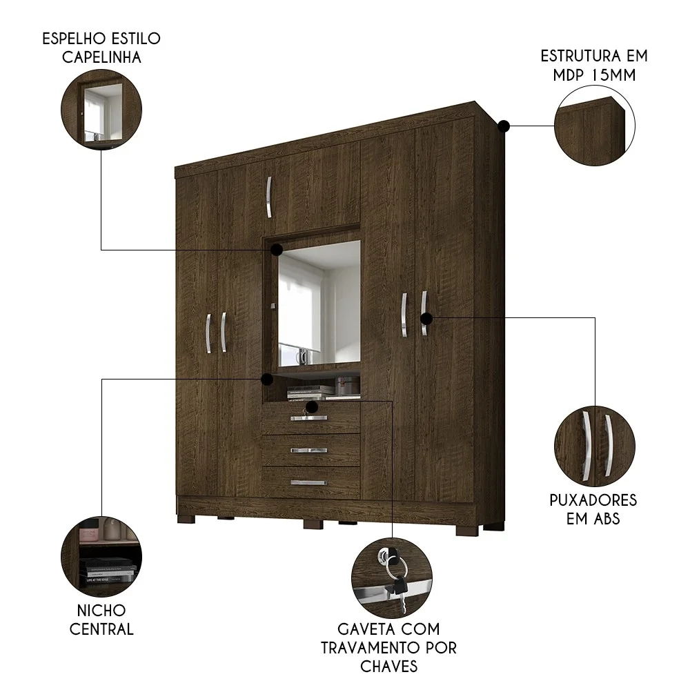 Guarda Roupa Casal com Espelho 6 Portas Reino Unido Malbec - Incorplac
