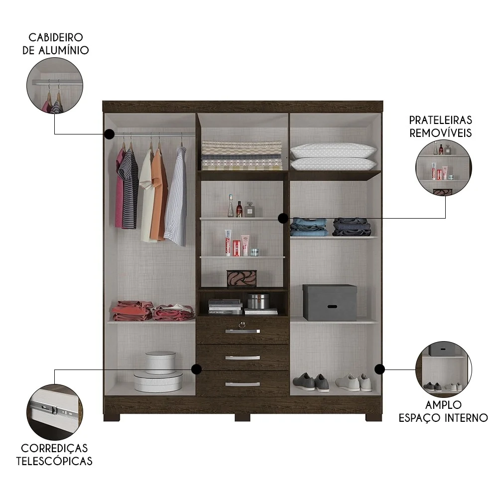 Guarda Roupa Casal com Espelho 6 Portas Reino Unido Malbec - Incorplac