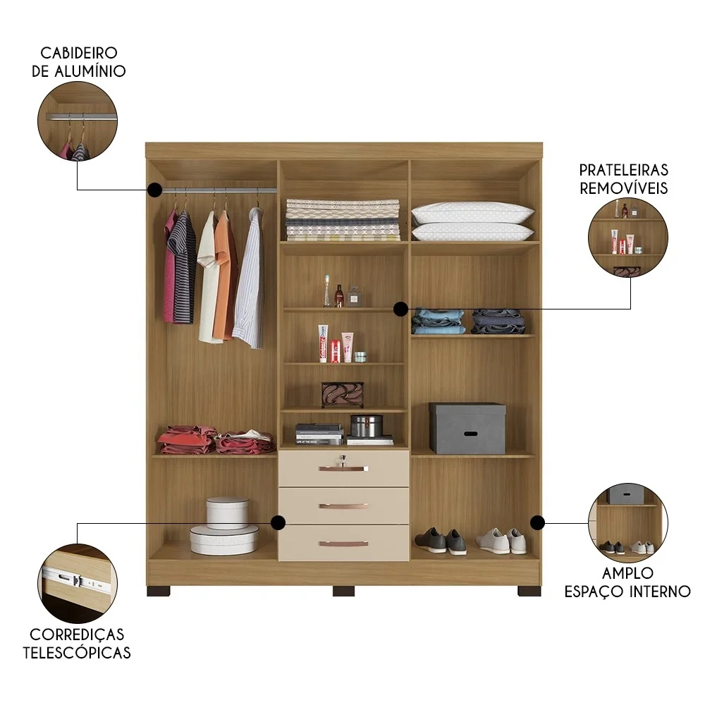 Guarda Roupa Casal com Espelho 6 Portas Reino Unido Carvalho/Off White - Incorplac